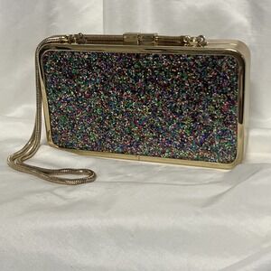 Talbot's Small Cocktail Clutch/ kiss lock/ Gold Tone/ Multi Color Glitter